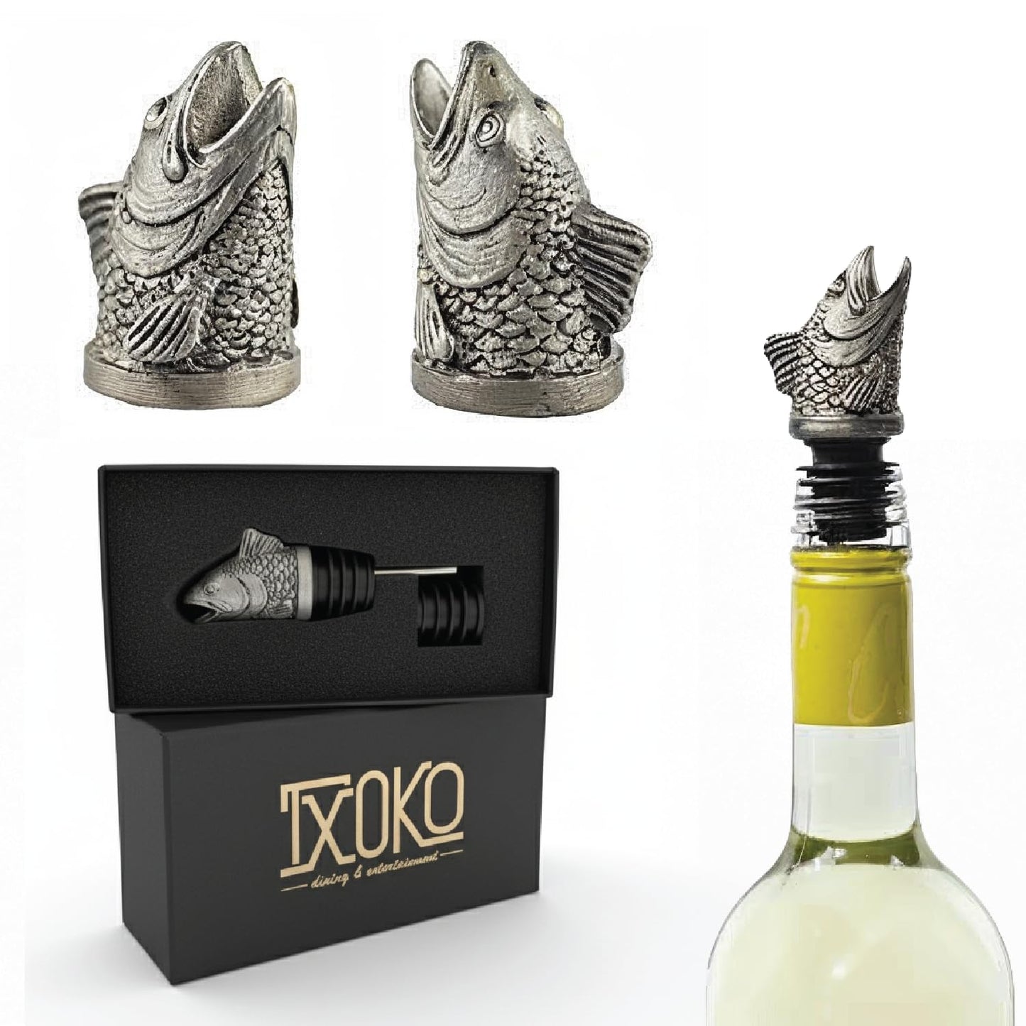 TXOKO Premium Stainless Steel Wine Pourer, Aerator and Decanter - Pour Spout for Red, White and Rose Wine, Liquor and Olive Oil! (Multiple Styles)